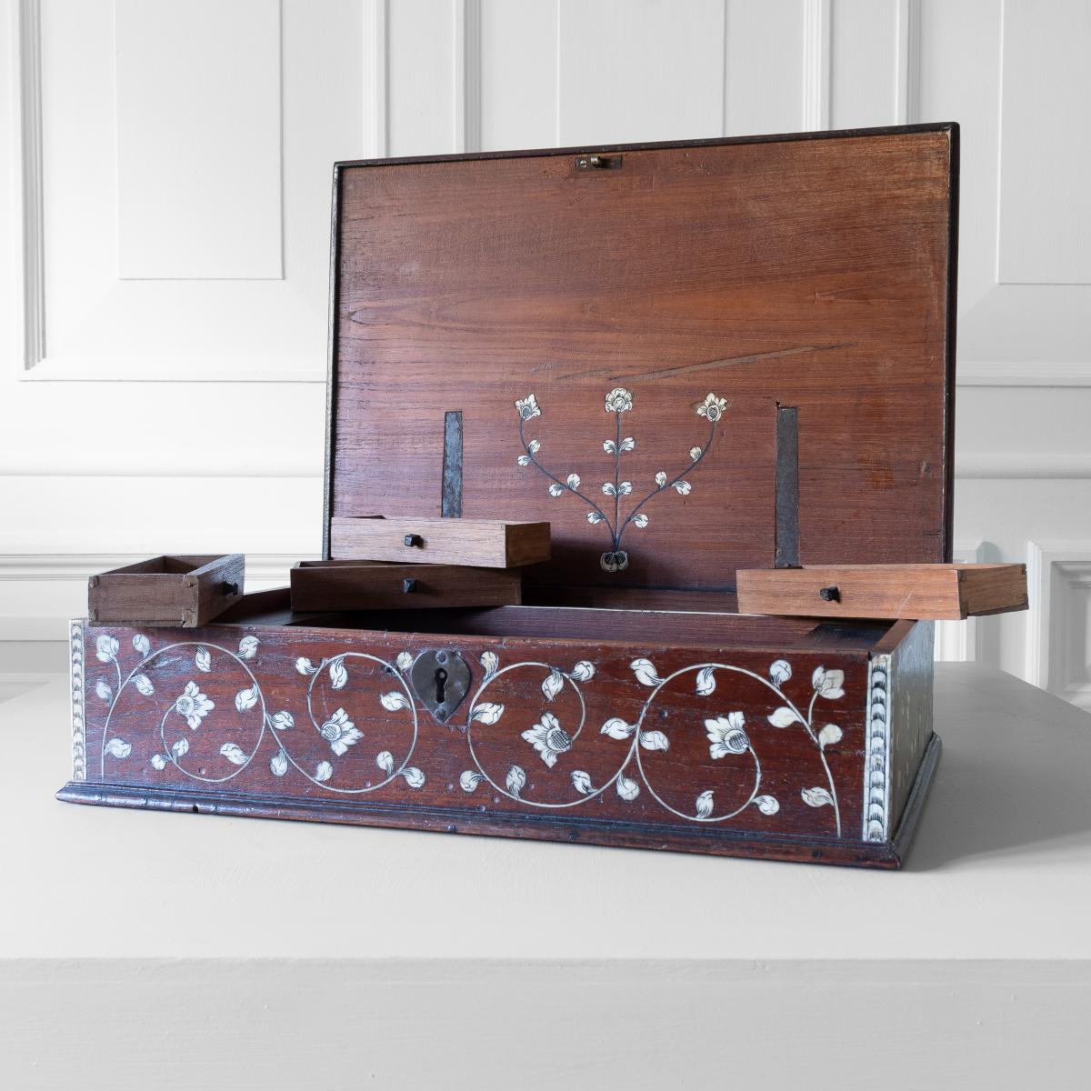 An 18th century padouk, ivory-inlaid and ebony strung document box, Vizagapatam, Eastern India, circa 1740-1780