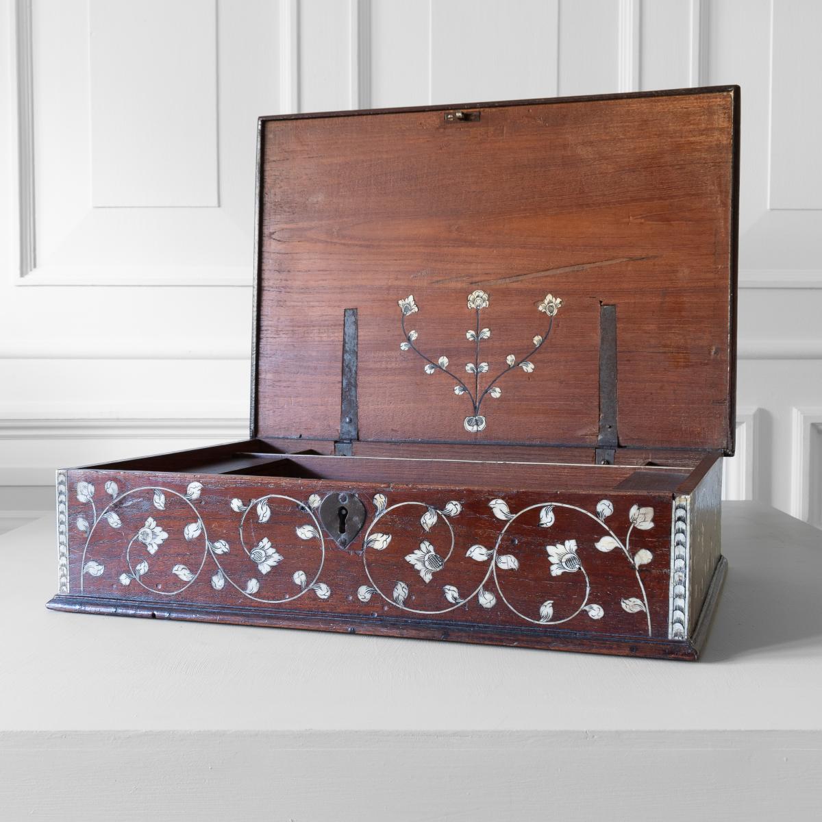 An 18th century padouk, ivory-inlaid and ebony strung document box, Vizagapatam, Eastern India, circa 1740-1780