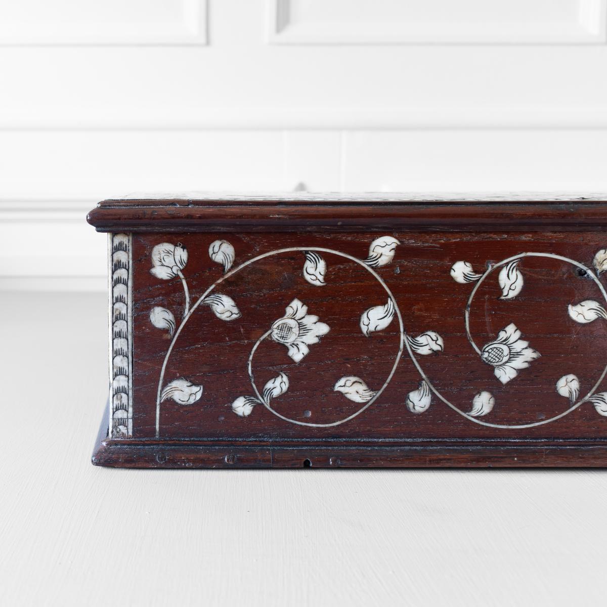 An 18th century padouk, ivory-inlaid and ebony strung document box, Vizagapatam, Eastern India, circa 1740-1780