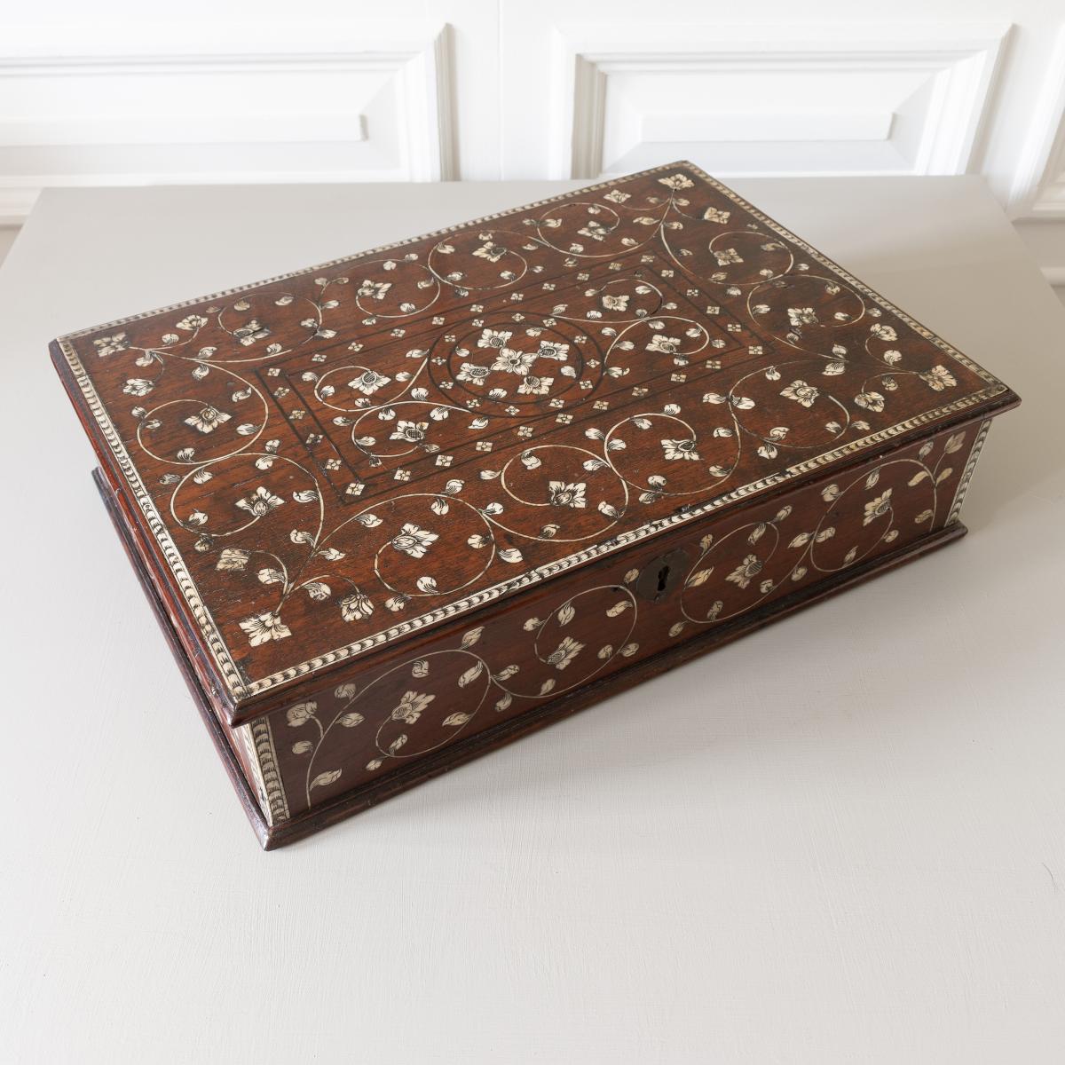 An 18th century padouk, ivory-inlaid and ebony strung document box, Vizagapatam, Eastern India, circa 1740-1780