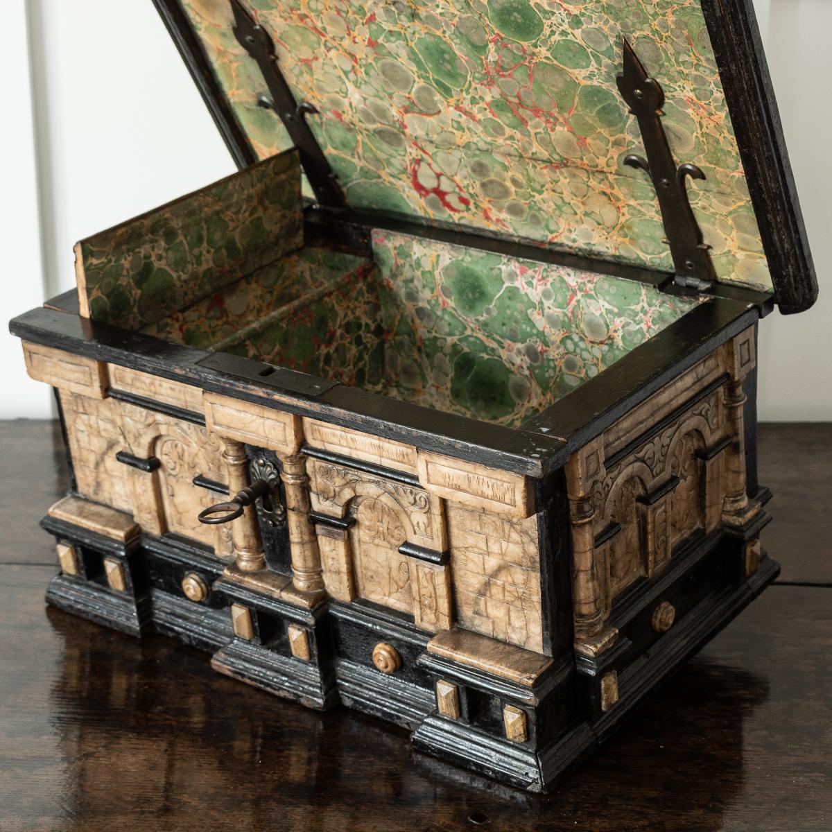 An early 17th century ebonised and alabaster table casket, Malines (Mechelen), circa 1630