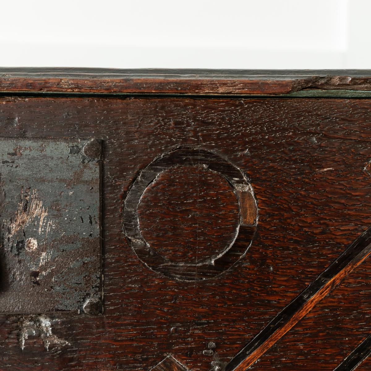 A Charles II boarded oak and inlaid box, initialled and dated 1667