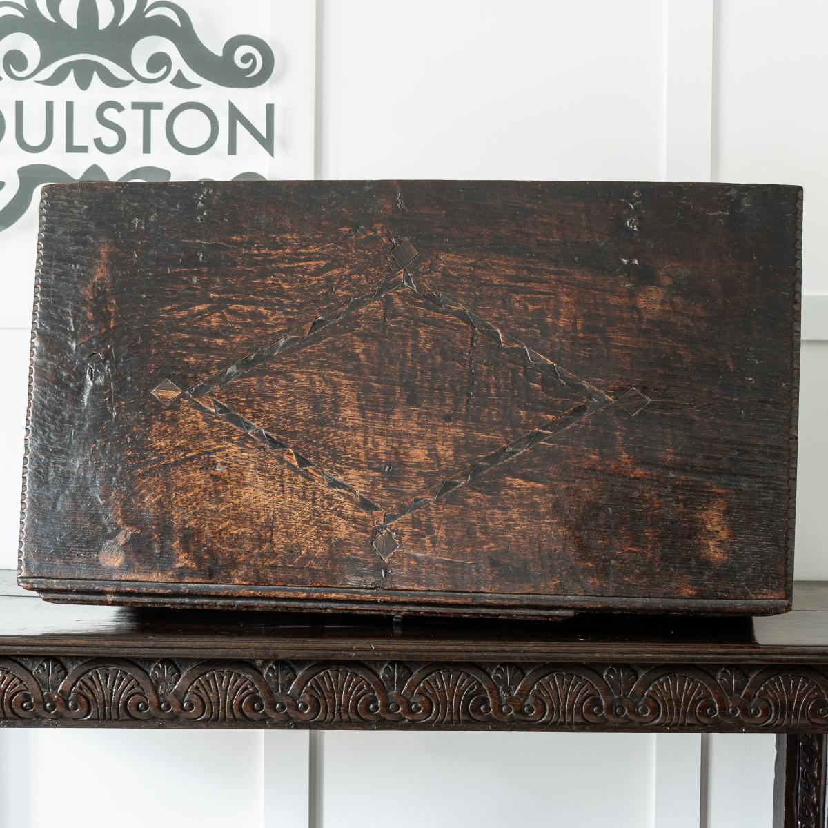 A Charles II boarded oak and inlaid box, initialled and dated 1667