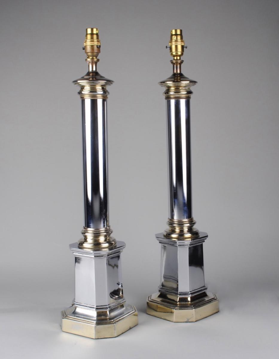 Pair of Chrome Column Lamps 