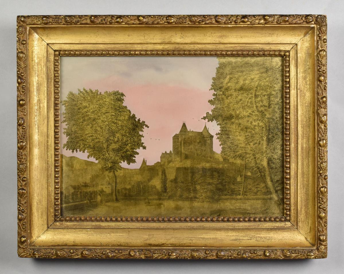 A verre eglomise picture perhaps of the Chateau de Pau, signed and dated B. Rekker 1831