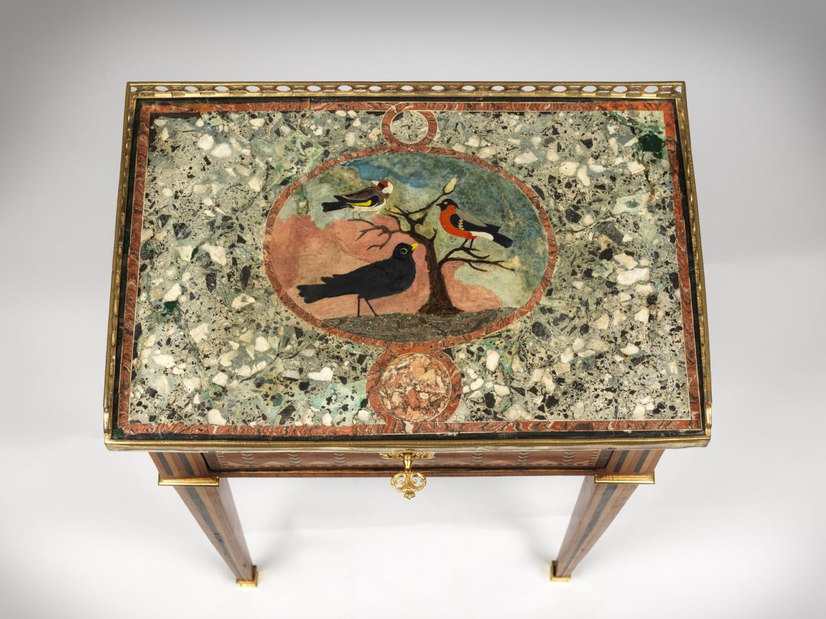 A Louis XVI Rectangular Marquetry Inlaid Table with a Scagliola Marble Top by Garnier, Circa 1785
