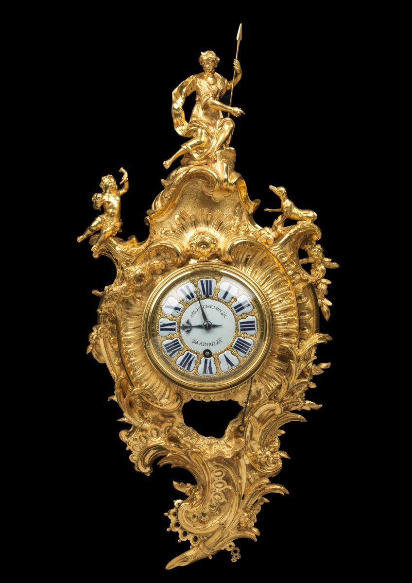 A Louis XV Ormolu Cartel Clock Attributed to Cressent and Jean-Joseph Saint -Germain with the movement  By Antoine-Nicolas Duchemin  Circa 1745