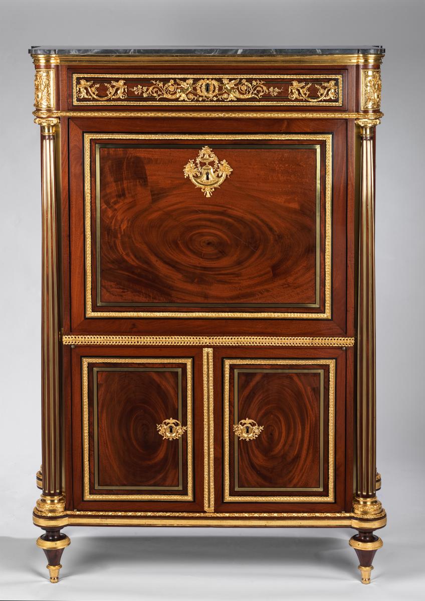 A Louis XVI Ormolu-Mounted, Brass and Ebony Inlaid Mahogany Secretaire A Abattant Attributed to Guillaume Beneman. Circa 1785