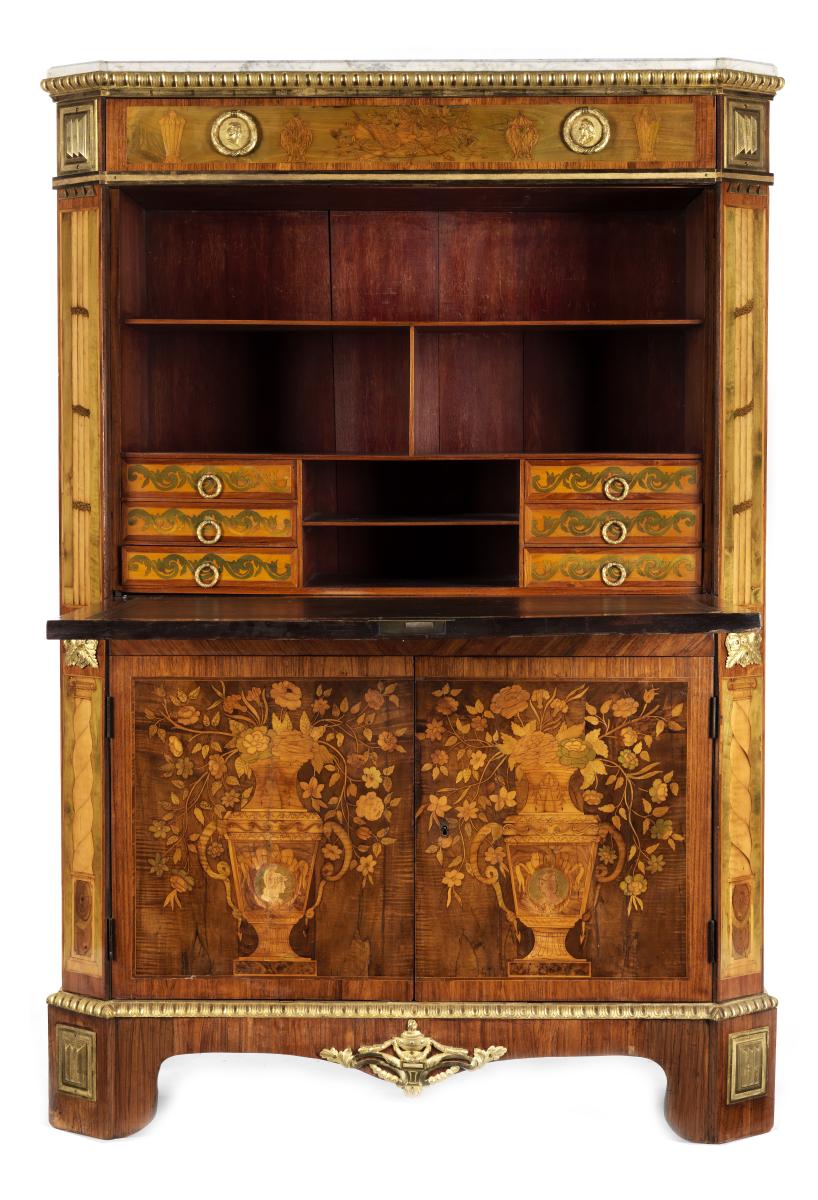 A Louis XVI Ormolu-Mounted, Tulipwood, Sycamore and Fruitwood Marquetry and Mother of Pearl Inlaid Secretaire A Abattant attributed to Christophe Wolff  Circa 1780