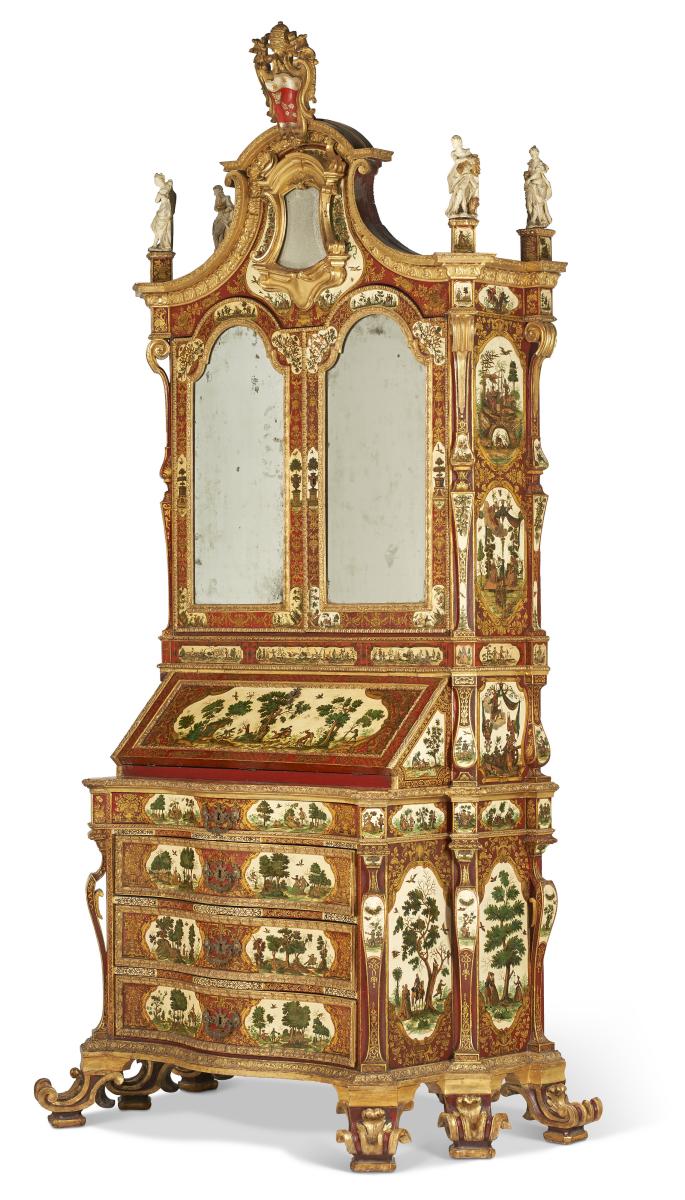 An Exceptional Italian Parcel-Gilt Red and Cream-Japanned and Lacca Povera Bureau Cabinet  Circa 1740