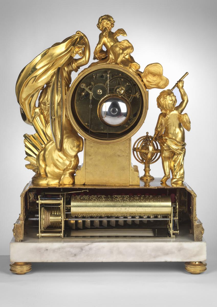 An Important Louis XVI Ormolu and White Marble Musical Mantle Clock by Antoine Cronier with Enamel Dial Signed by Barbezat. Circa 1775