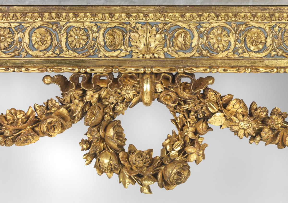 A Louis XVI Carved Giltwood and Blue-Painted Console Table Attributed to George Jacob.  Circa 1785