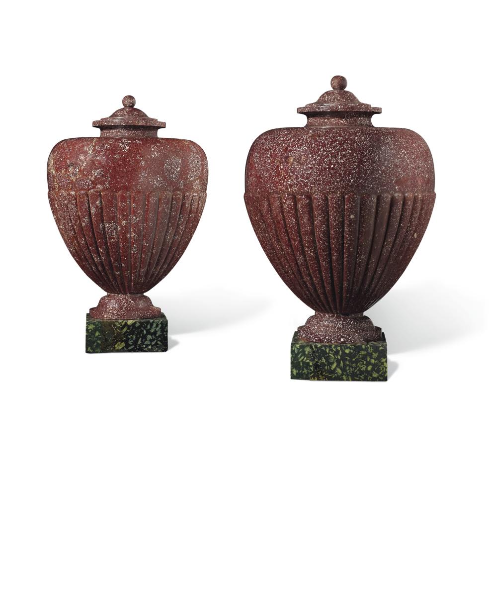 A Pair of Late 18th Roman Porphry Vases and Covers. Circa 1790