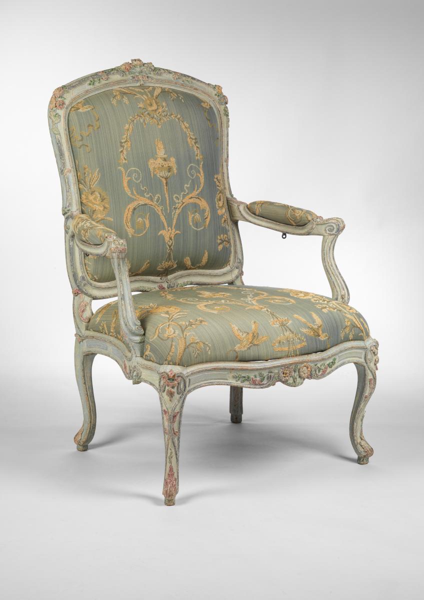 An Exceptional Pair of Late Louis XV Painted Fauteuils A La Reine Attributed to Nicholas Heurtaut and Possibly Painted by the Martin Brothers.  Circa 1760