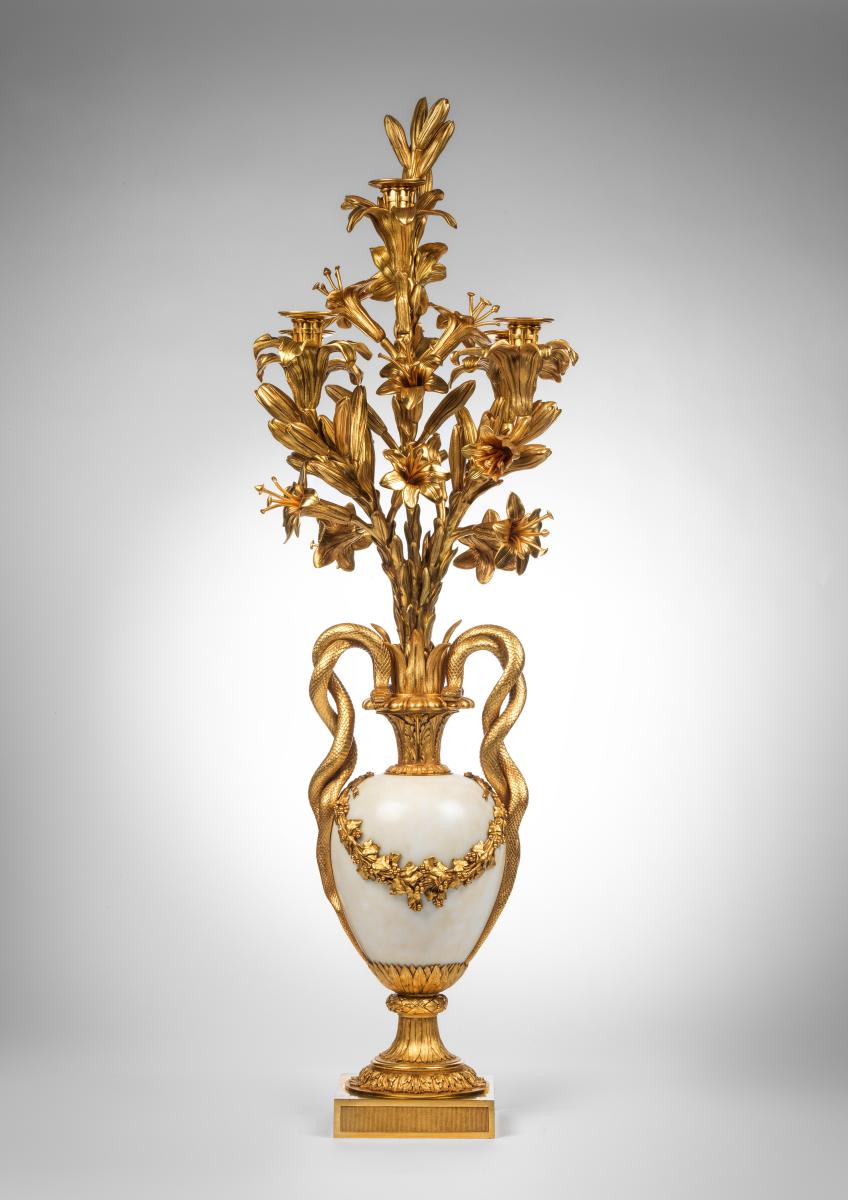 A Pair of Louis XVI Gilt Bronze and White Marble Five Light Candelabra. Circa 1780