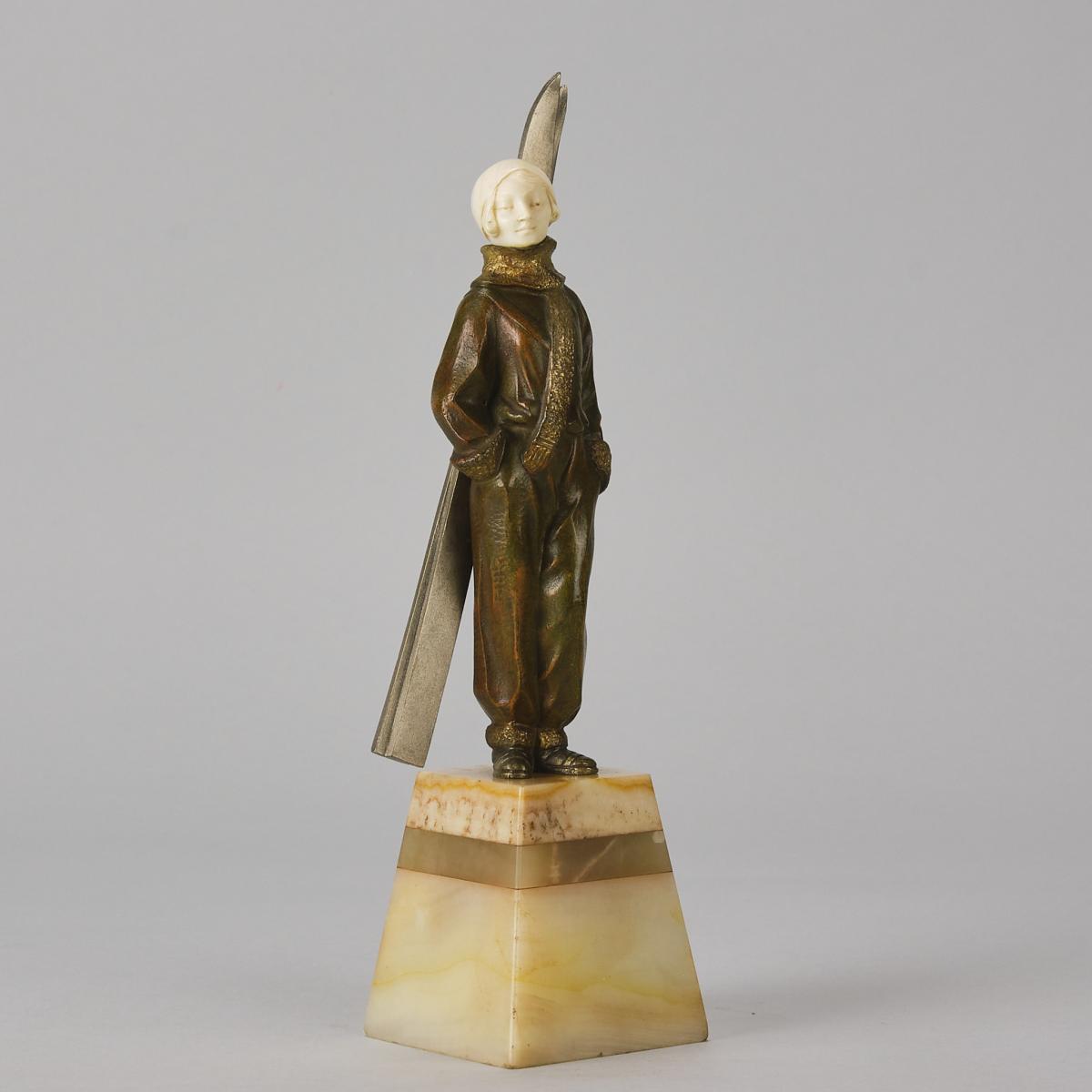 Early 20th Century Chryselephantine Sculpture entitled "Girl Skier" by Louis Sosson
