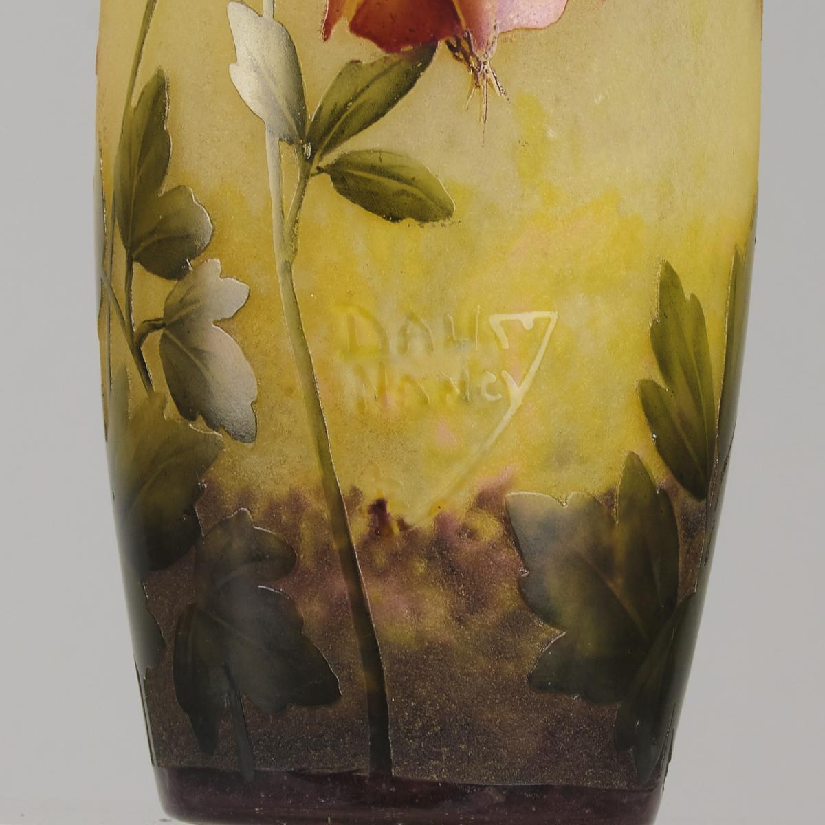 Early 20th Century Art Nouveau Etched Enamelled "Aquilegia Vase" by Daum Frères