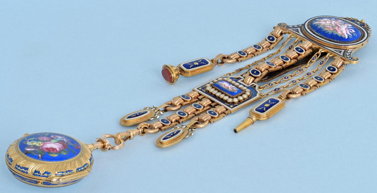 French Repeating Gold and Enamel Chatelaine Watch