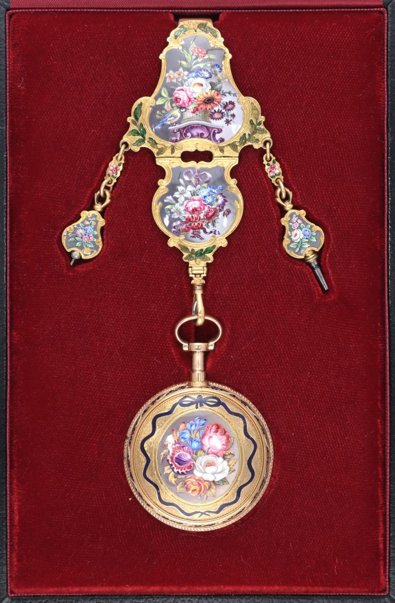 French Gold and Enamel Repeater with Chatelaine