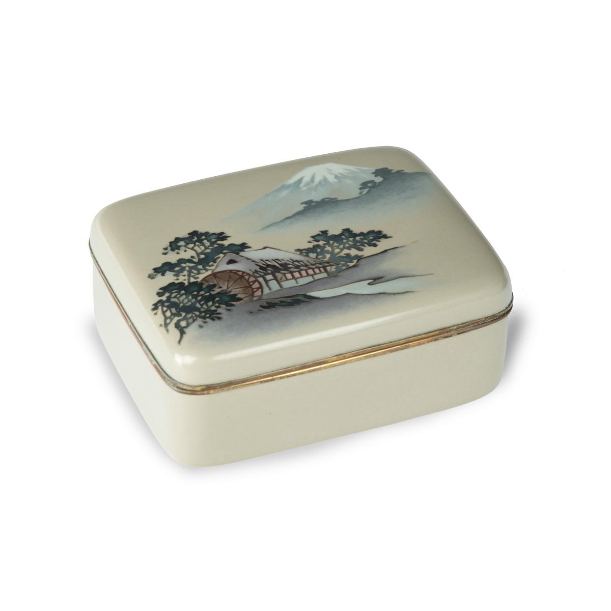 A Taisho period cloisonné box and cover with a watermill and Mount Fuji