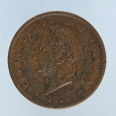George IV penny defaced by satirical writing