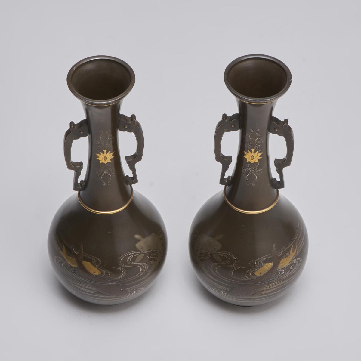An attractive pair of inlaid Japanese Bronze bottle vases with Koi Carp decoration (Circa 1880)