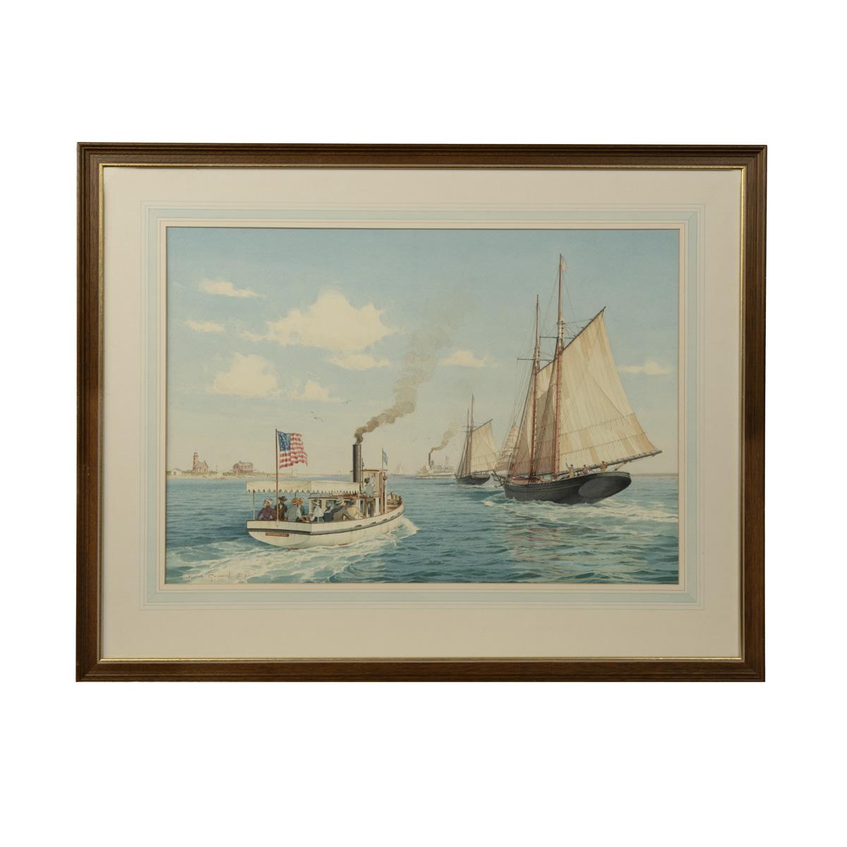 The Picnic, Island Belle, & the schooner Harry L Belden, Nantucket Harbour, U.S.A. (circa 1890) by K. A. Griffin
