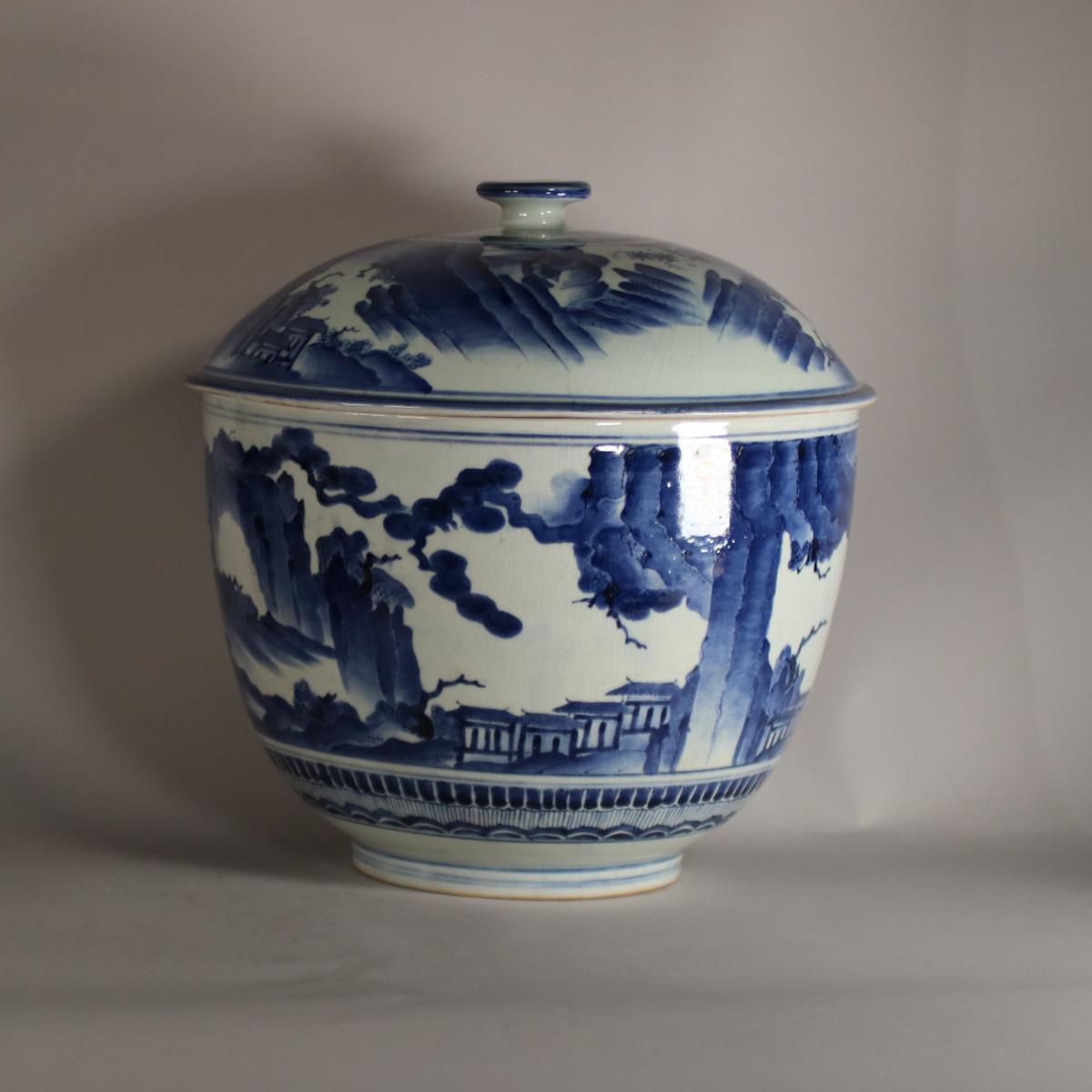 Further image of side of Arita tureen with continuous landscape decoration