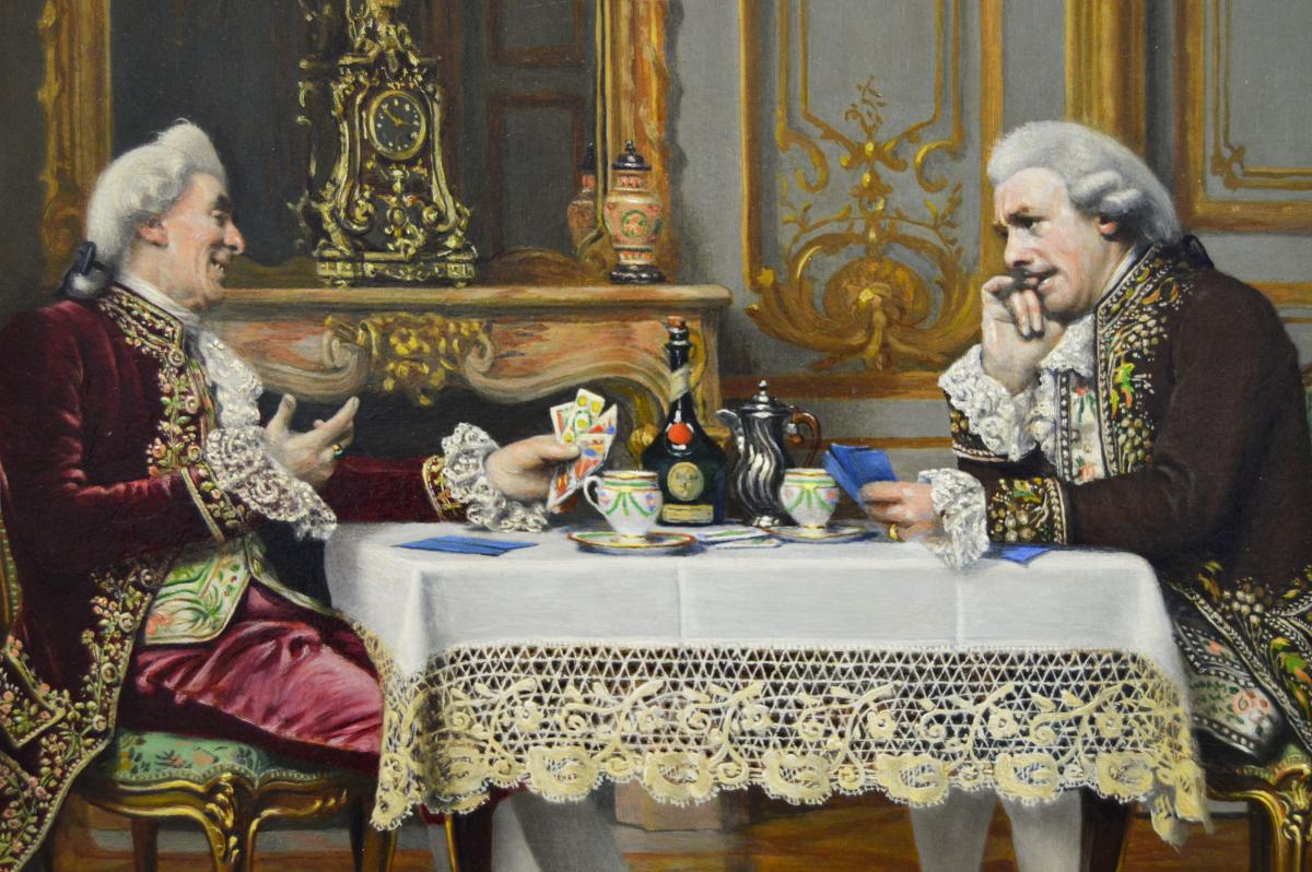 Historical genre oil painting of two gentlemen playing a game of cards by Marcel Brunery