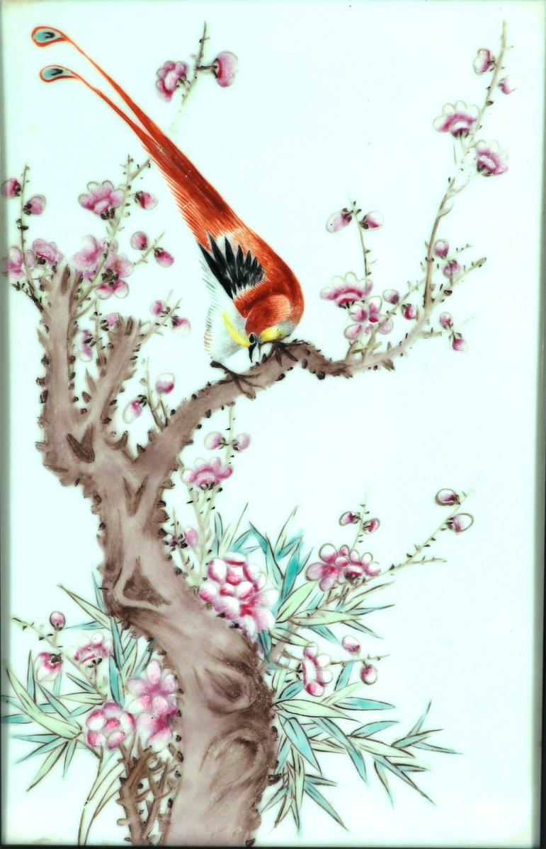 Chinese Porcelain Framed Famille Rose Plaque of Golden Pheasant