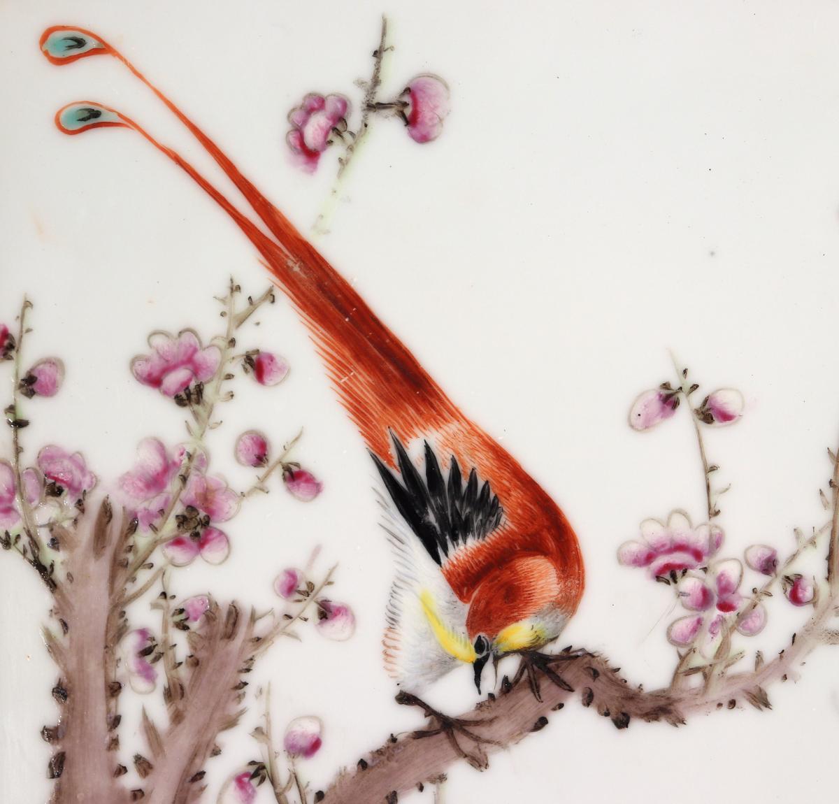 Chinese Porcelain Framed Famille Rose Plaque of Golden Pheasant on a Flowering Tree Branch