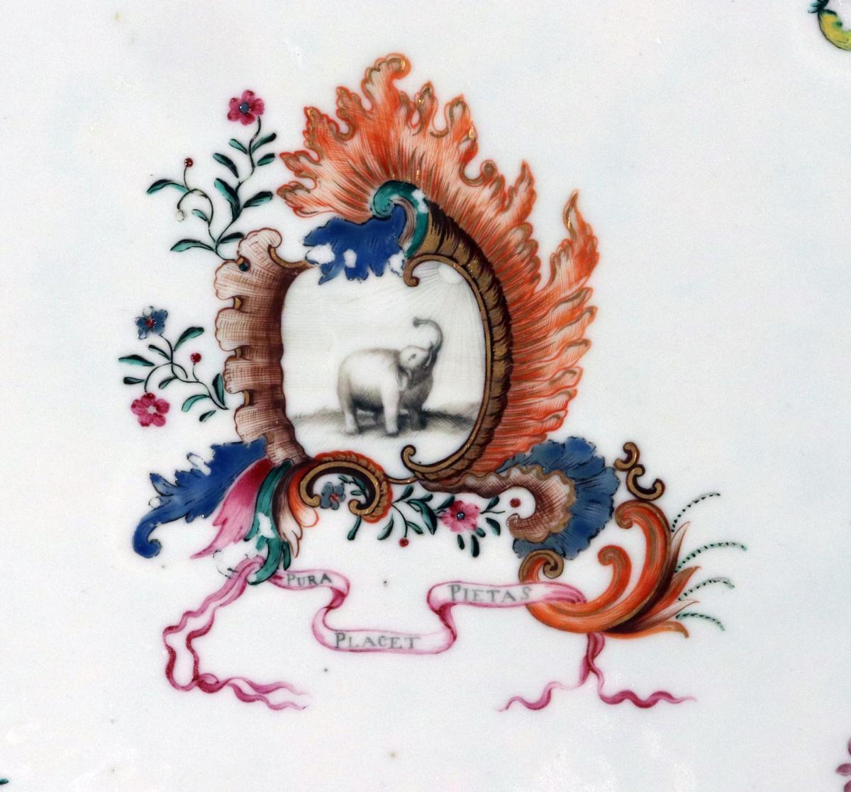 Chinese Export Porcelain Armorial Dish, Pseudo Continental Arms, Motto: "Pura Placet Piteas", After a Meissen Porcelain Original Service, Circa 1760