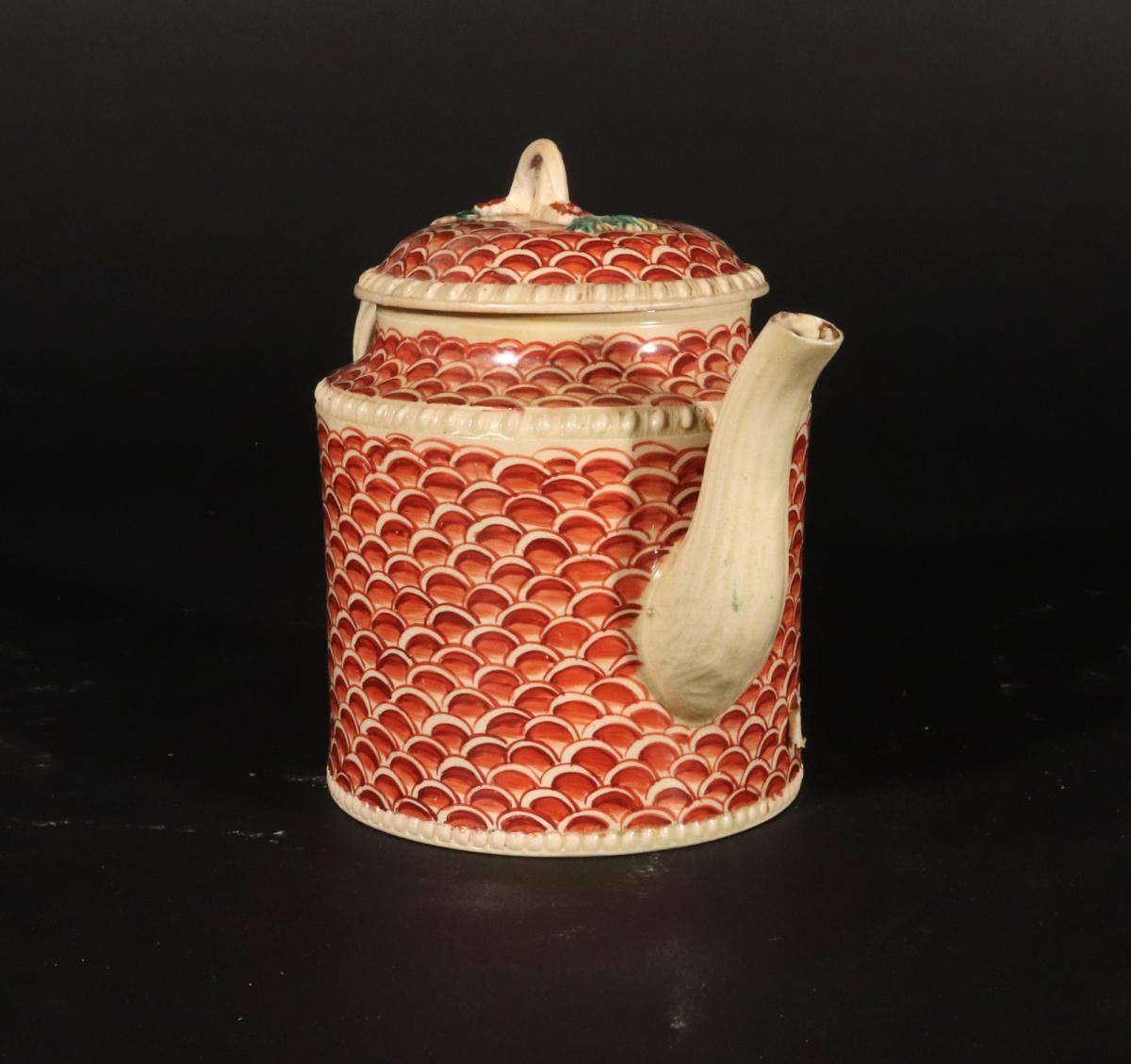 English Creamware Pottery Teapot and Cover with Rare Fish Scale Design