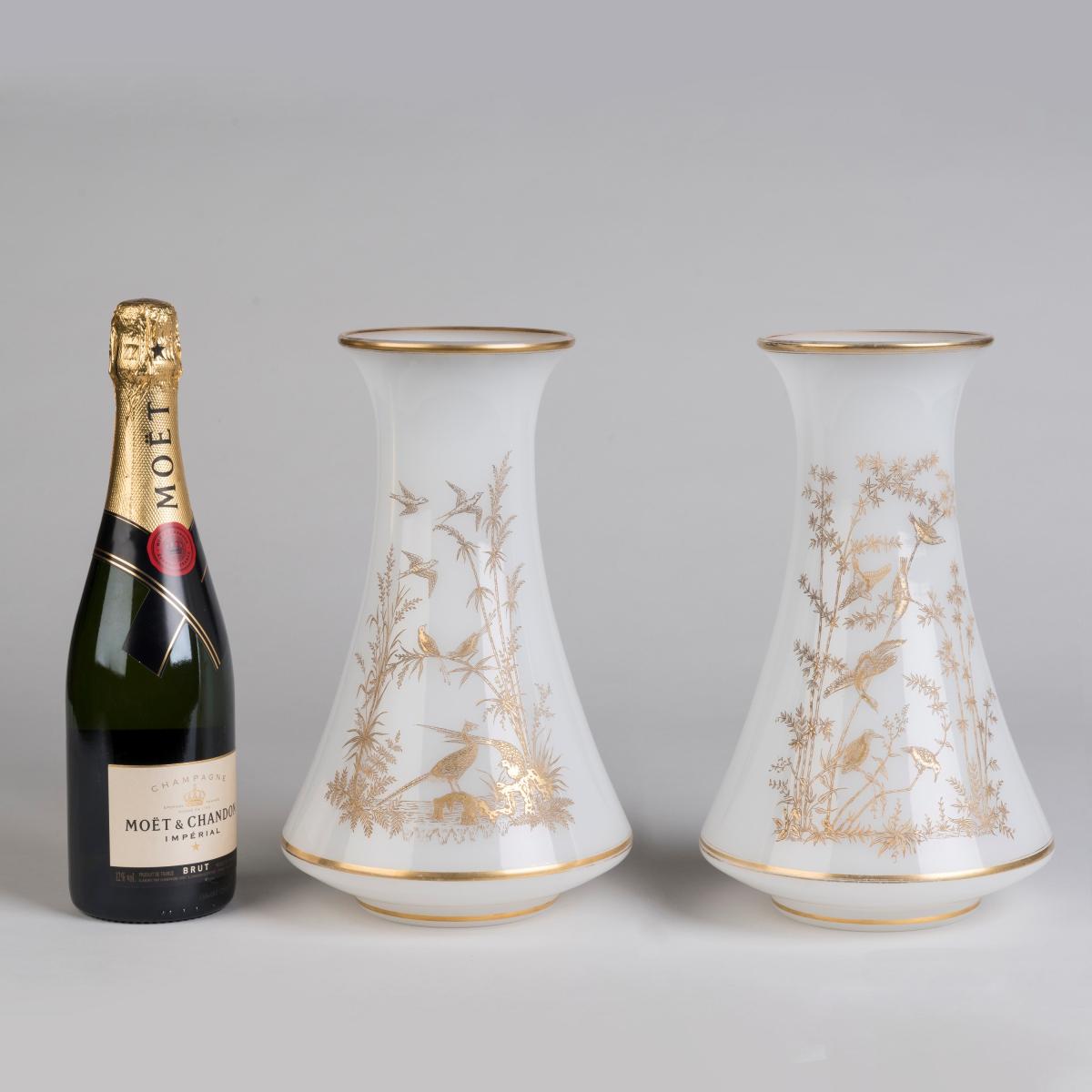 Gilt White Opaline Vases by Baccarat