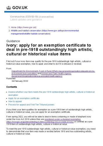 Ivory: apply for an exemption certificate to deal in pre-1918 outstandingly high artistic, cultural or historical value items