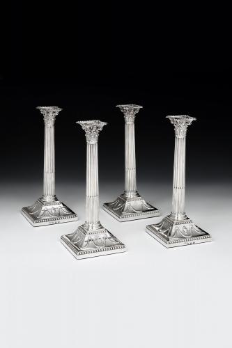 Set of Four Silver Corinthian Column Candlesticks 