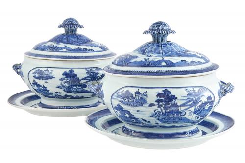Chinese Export Nanking Blue & White Porcelain Soup Tureens