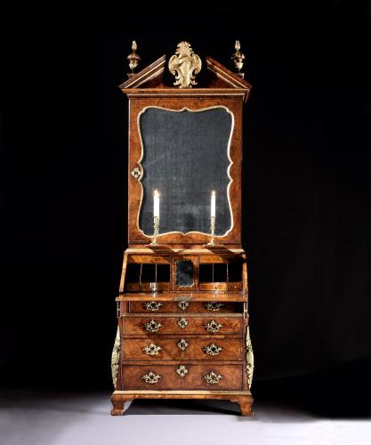 A George II Period Burr Walnut Parcel-Gilt and Gilt Bronze Mounted Bureau Bookcase, English, circa 1740
