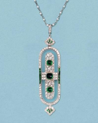 Art Deco rock crystal, diamond and emerald brooch-pendant