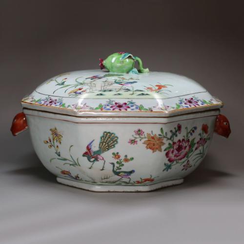 Rare Chinese famille rose 'double peacock' octagonal tureen and cover, Qianlong (1736-95)