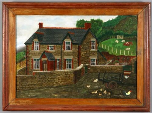 Welsh naive oil painting "Dan y Wenallt Isaf, Talybont" (Breconshire)