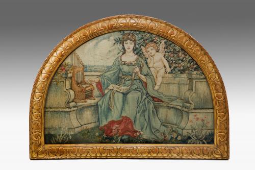 Arts and Crafts Tapestry Lunette Panel attributed to a Tapestry Weaver trained at Merton Abbey - 'Allegory of Love', England