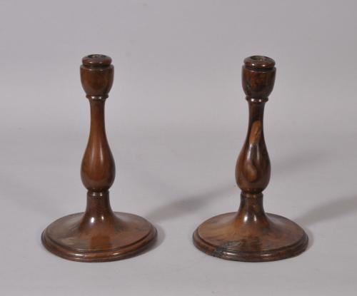 Antique Treen 19th Century Pair of Yew Wood Candlesticks