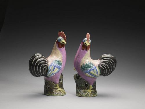 Pair of Chinese Export Porcelain Models of Cockerels, Qing Dynasty, Qianlong Period