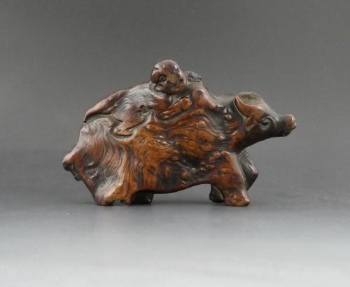 Chinese rootwood carving. Boy riding an ox. 18th Century. Qing Dynasty.