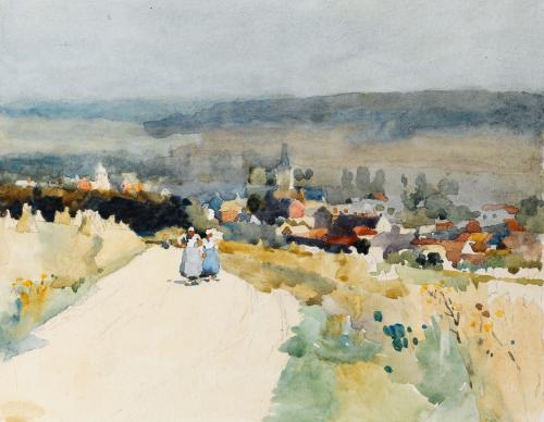 'Two girls on the road near Gamaches, Abbeville, France' by Charles John Watson, R.E. (1846-1927)