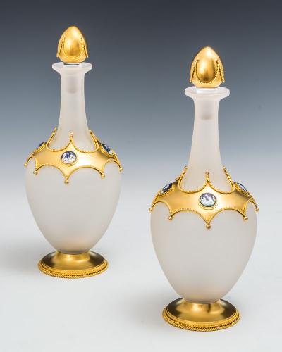 An Exceptional Pair of Opaque Glass Ormolu Mounted Decanters by Leuchars