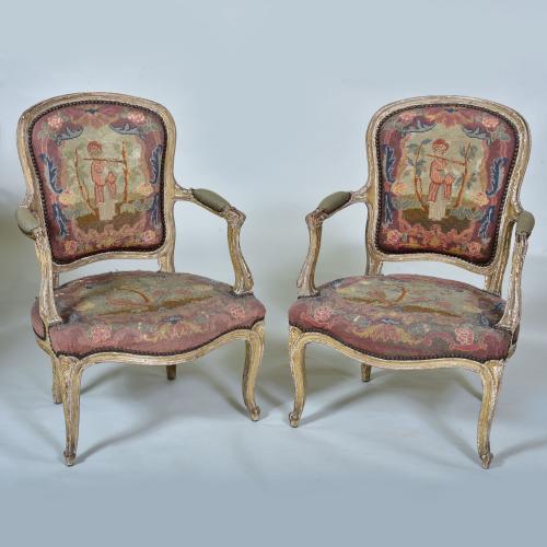 Pair of 18th century Painted Armchairs with original needlework
