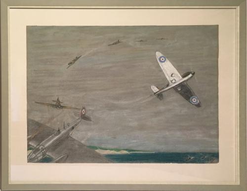 WWll air battle - pastel and watercolour drawing, James Arthur Reiss (b1870 - d1942)