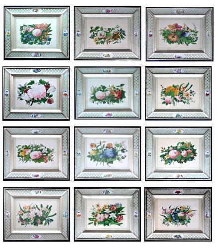 China Trade Set of Twelve Botanical Flower Pith Paper Paintings,  Decoupage Frames, Circa 1840.